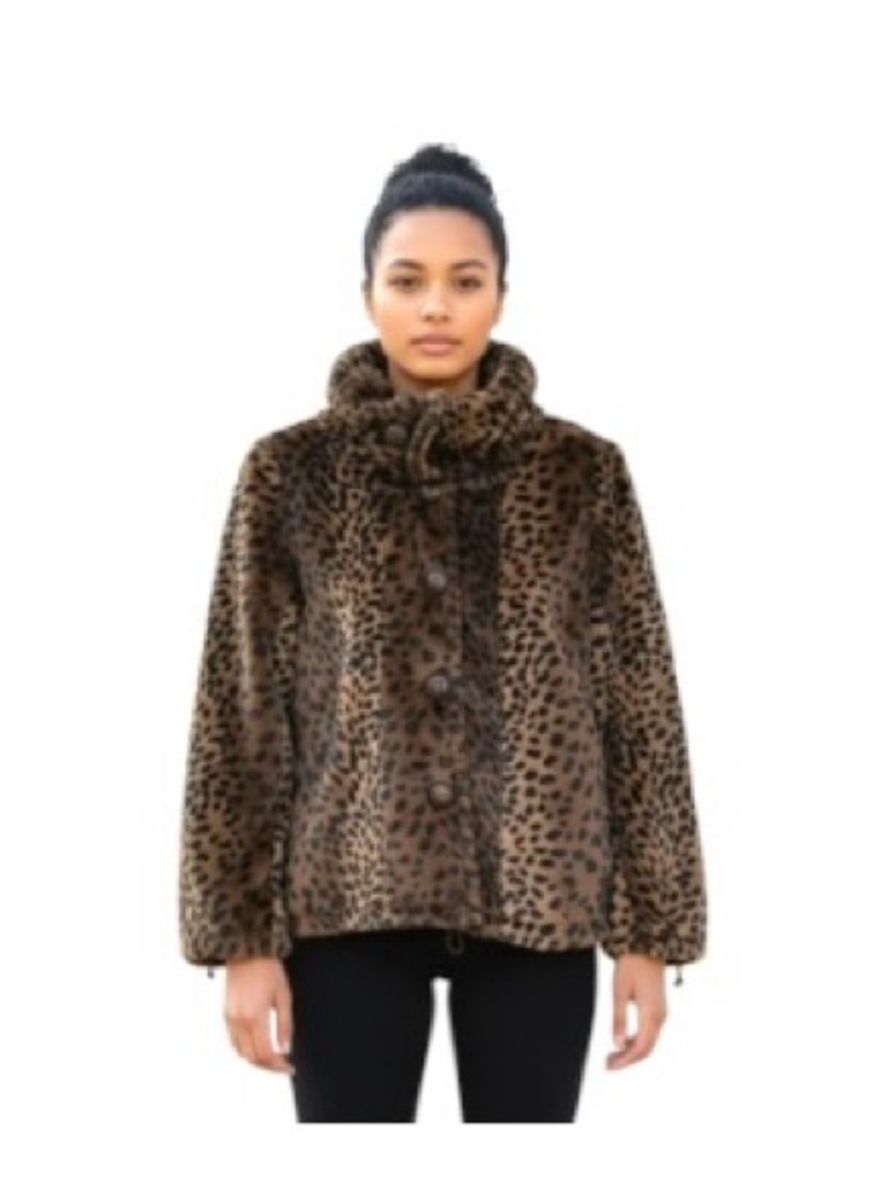 VEX Leopard Faux Fur Teddy Jacket Brown and Black Sz 36 High Neck Button Up